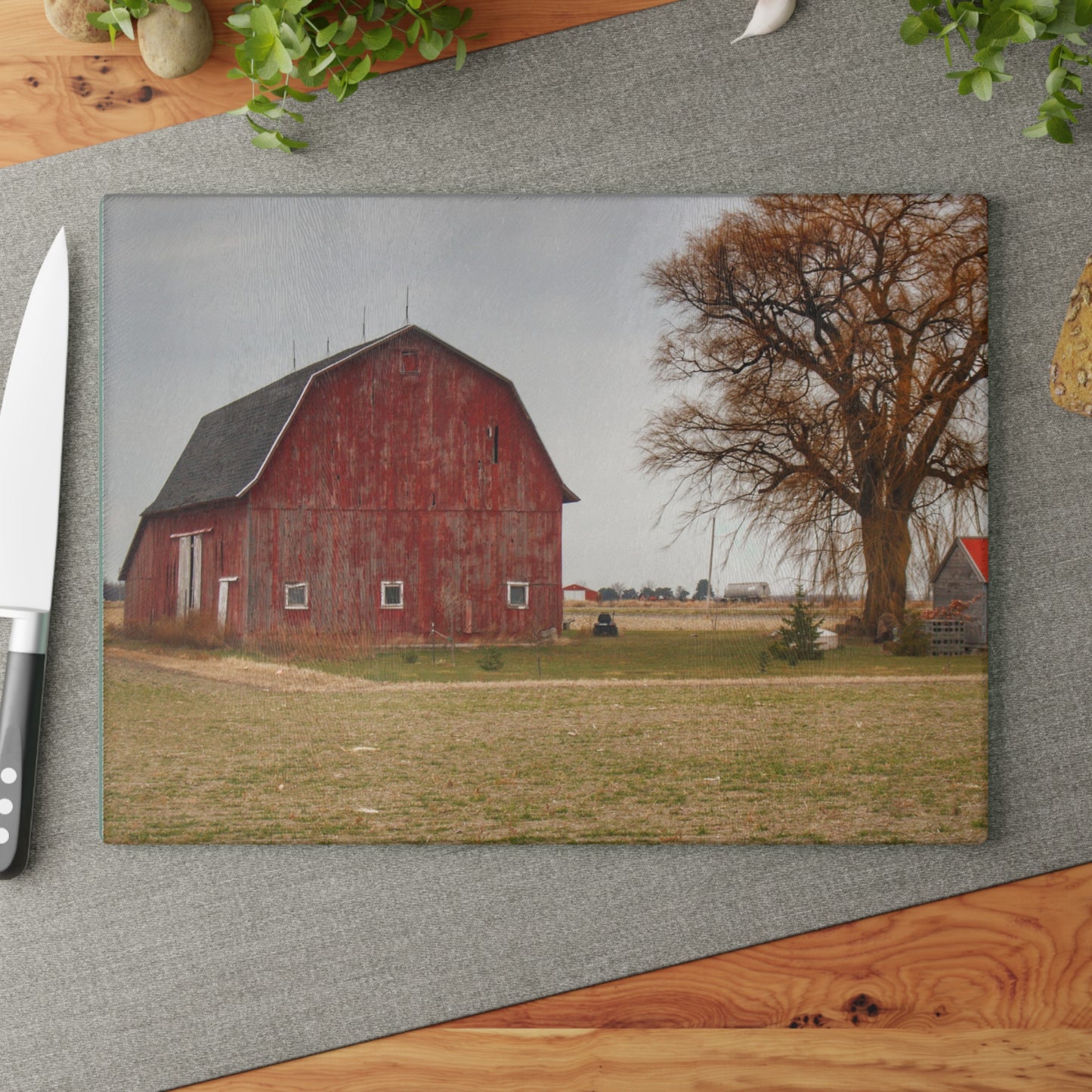 U R There Photography Loomis Road Red Rustic Farmhouse Tempered-Glass Cutting Board