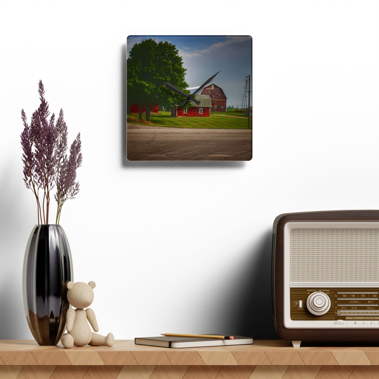 U R There Photography Bradford Road Reds Rustic Farmhouse Acrylic Analog Wall Clock