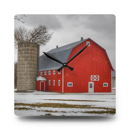 U R There Photography Hollow Corners Red Tree Silo I Rustic Farmhouse Acrylic Analog Wall Clock