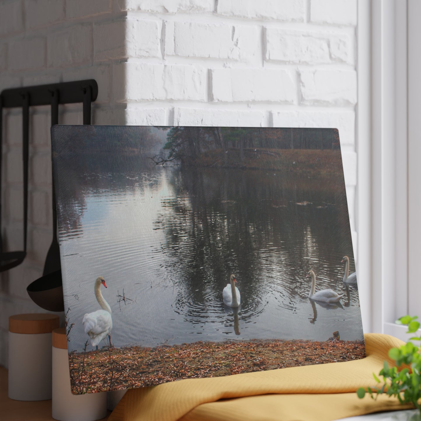 U R There Photography Swans of Duck Lake I Rustic Farmhouse Tempered-Glass Cutting Board