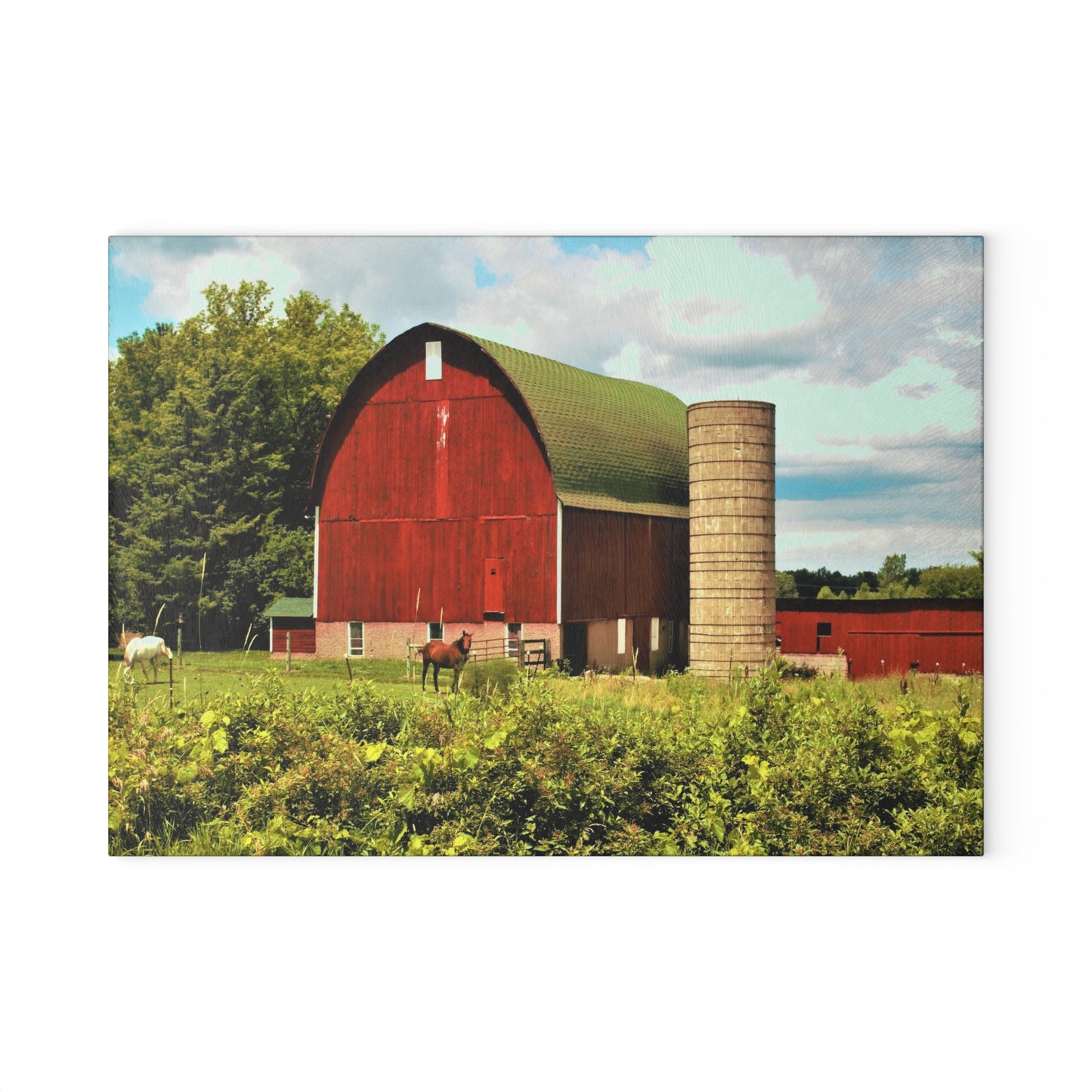 Barn Boutique Rustic Tempered-Glass Cutting Board| Elmwood Road Red Barn and Horses