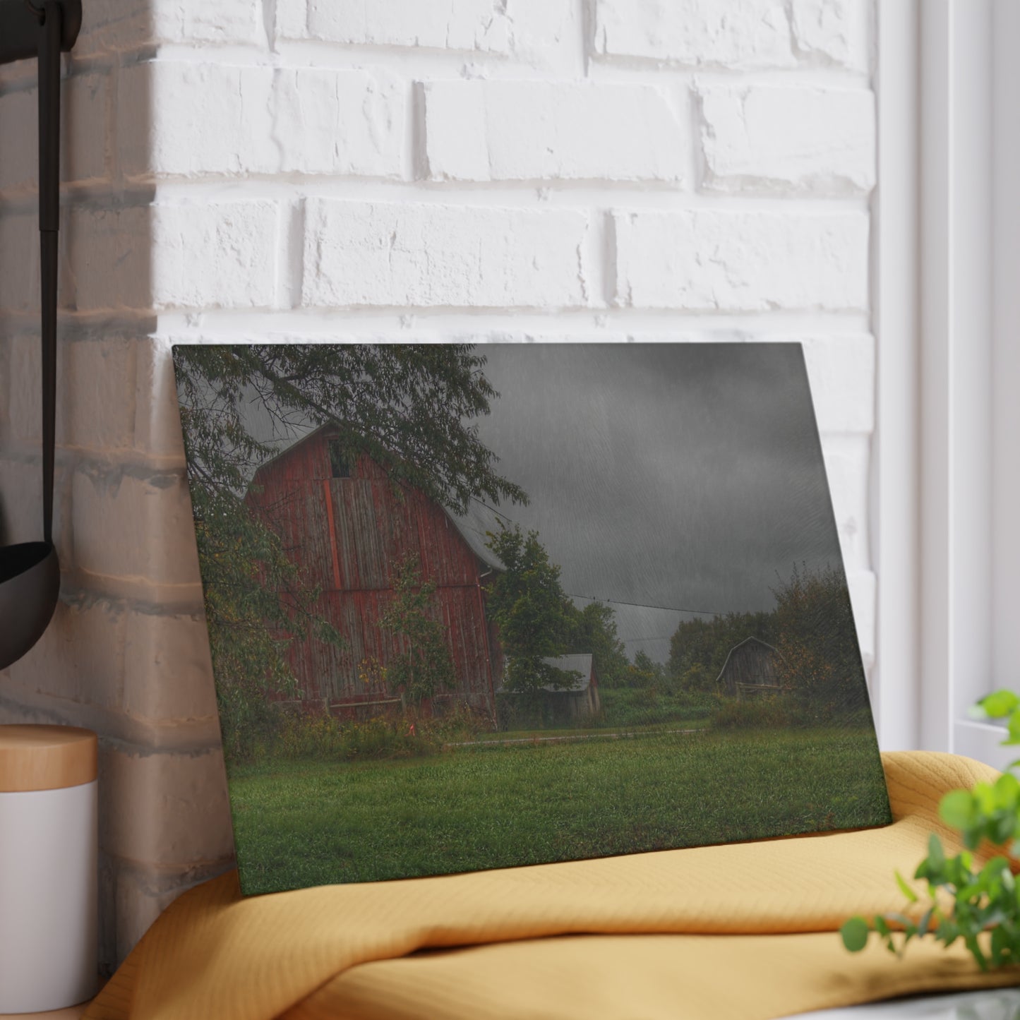 U R There Photography Columbiaville Red and Little Grey Rustic Farmhouse Tempered-Glass Cutting Board