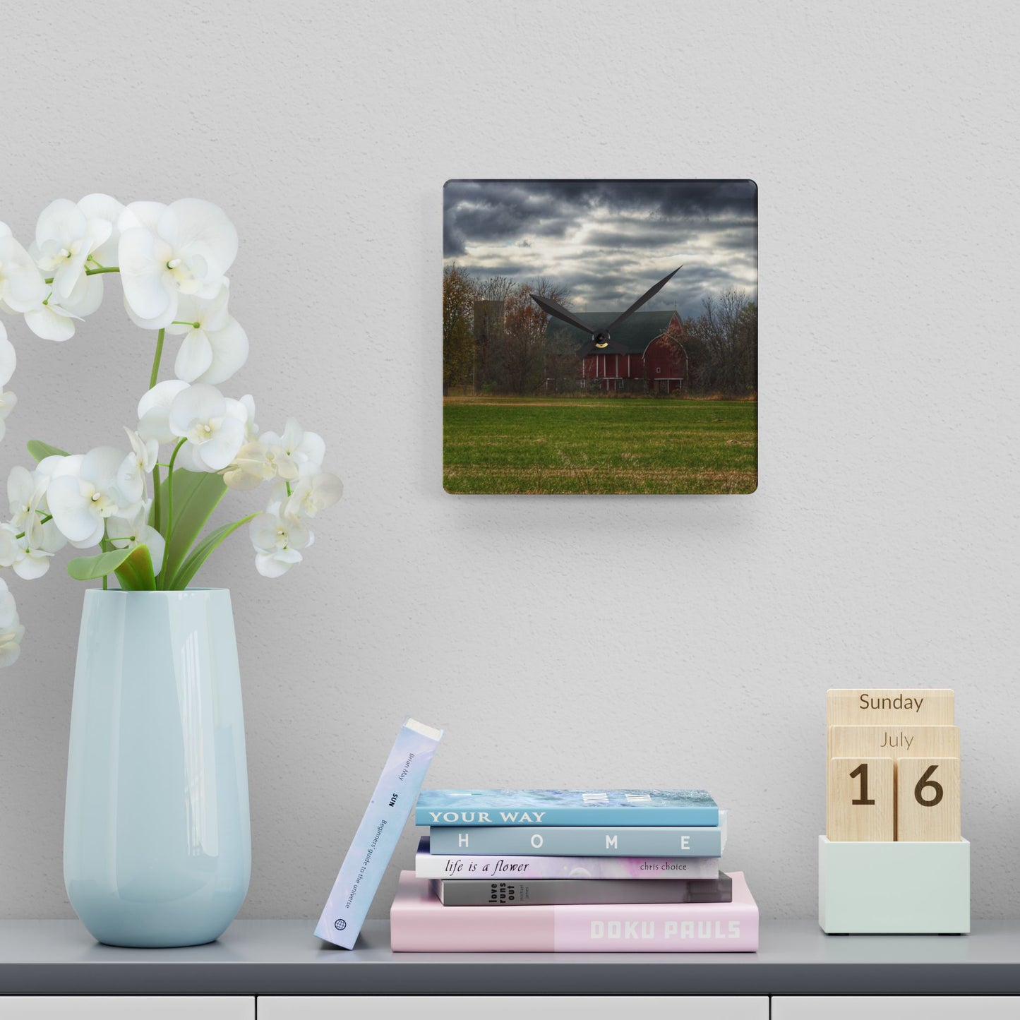 U R There Photography Booth Road Hidden Red I Rustic Farmhouse Acrylic Analog Wall Clock