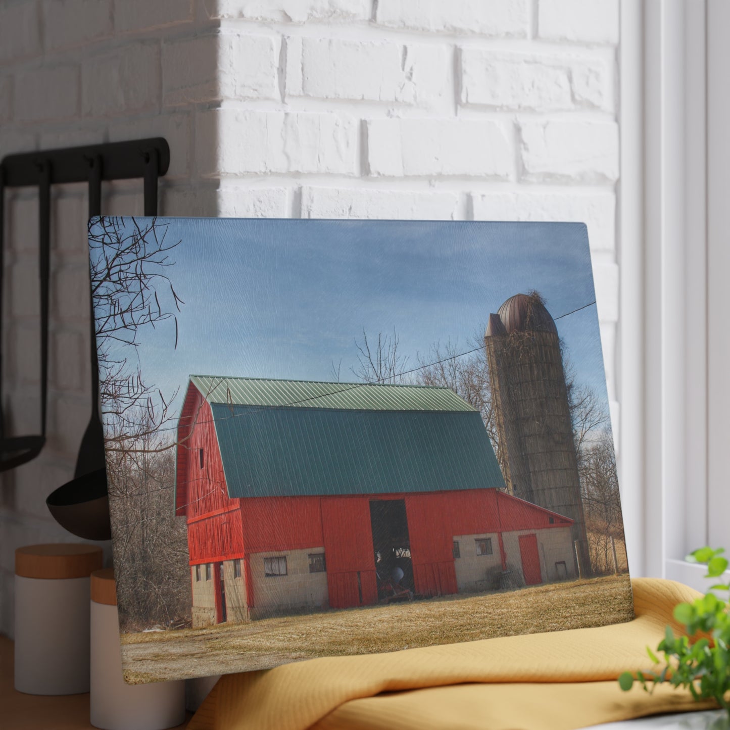 U R There Photography Wilson Road Red and Silo II Rustic Farmhouse Tempered-Glass Cutting Board