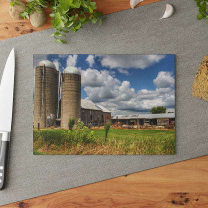 U R There Photography Millington Grey and Silos Rustic Farmhouse Tempered-Glass Cutting Board