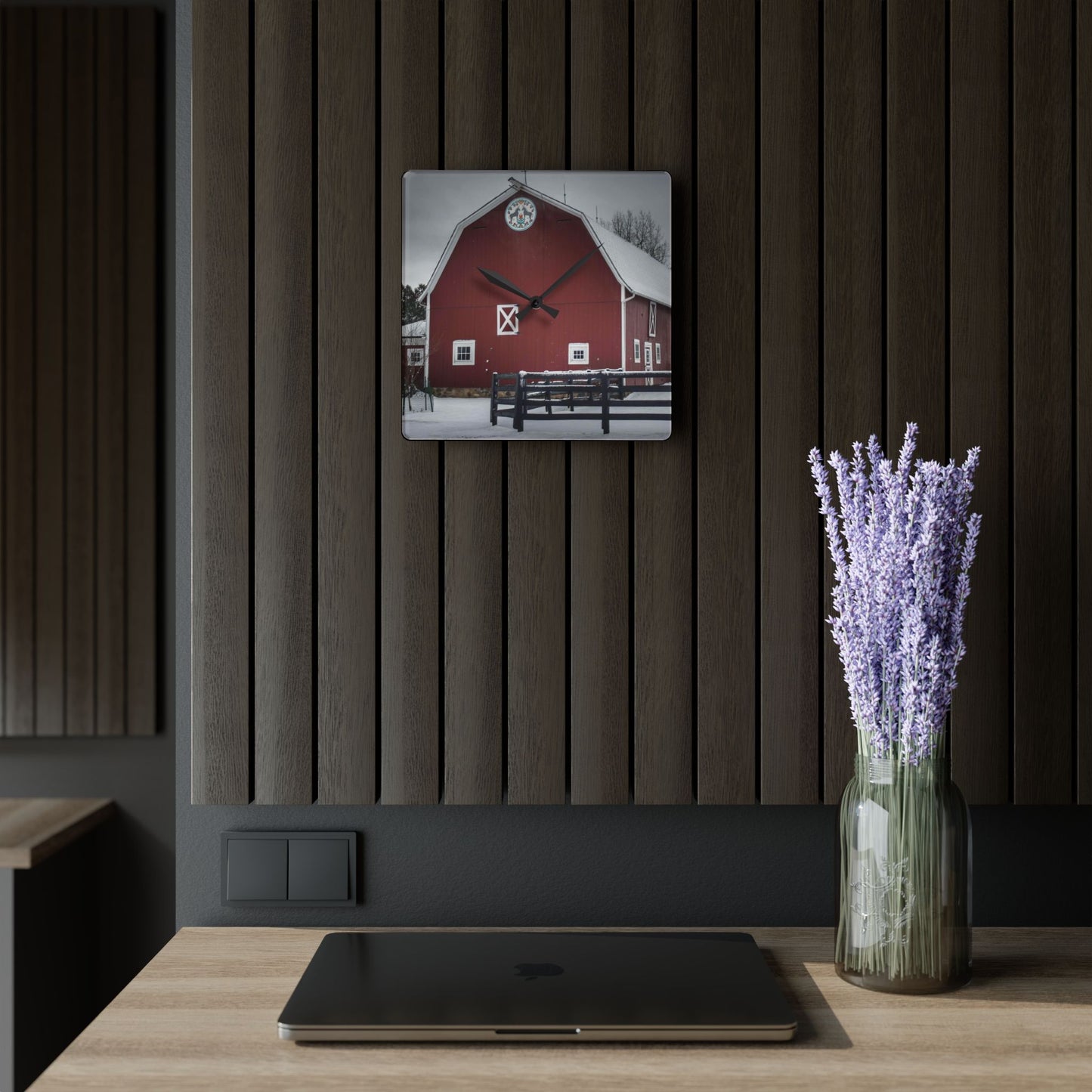 U R There Photography Barns of Barber Road III Rustic Farmhouse Acrylic Analog Wall Clock