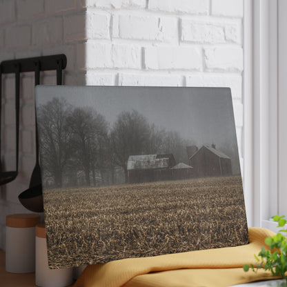 U R There Photography Farm in the Fog on Barnes Road Rustic Farmhouse Tempered-Glass Cutting Board