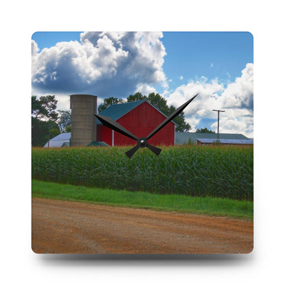 U R There Photography East Brown Road Red Rustic Farmhouse Acrylic Analog Wall Clock