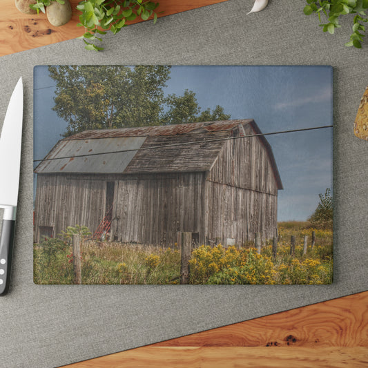 U R There Photography Schott Road Grey I Rustic Farmhouse Tempered-Glass Cutting Board