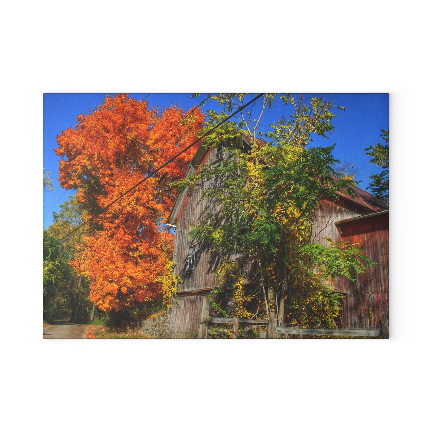 U R There Photography Oxford Rusted Red in Fall Rustic Farmhouse Tempered-Glass Cutting Board
