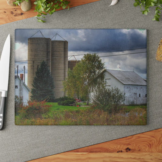 U R There Photography Baldwin White and Silo Rustic Farmhouse Tempered-Glass Cutting Board