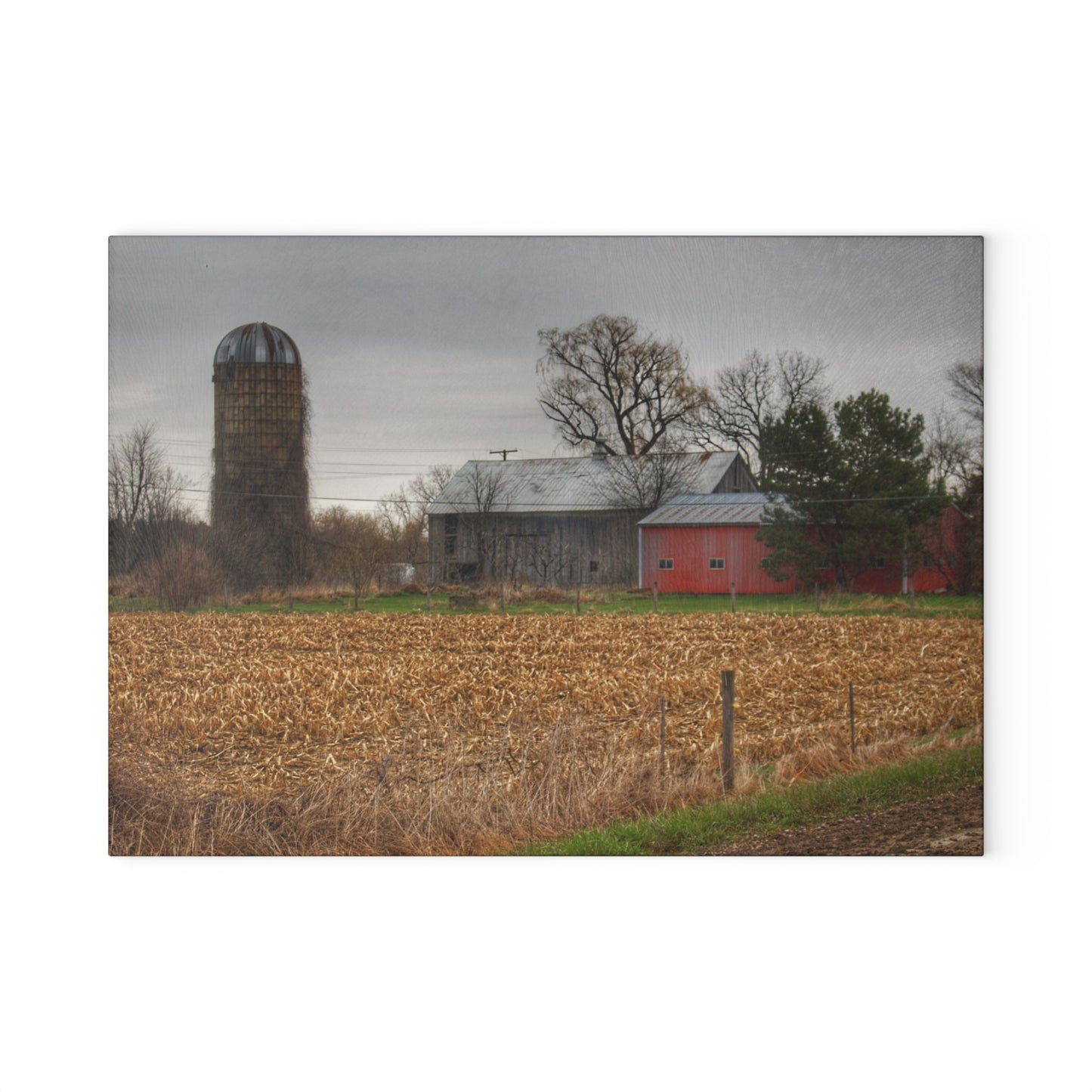 U R There Photography Dryden Road Gable Grey and Silo Rustic Farmhouse Tempered-Glass Cutting Board