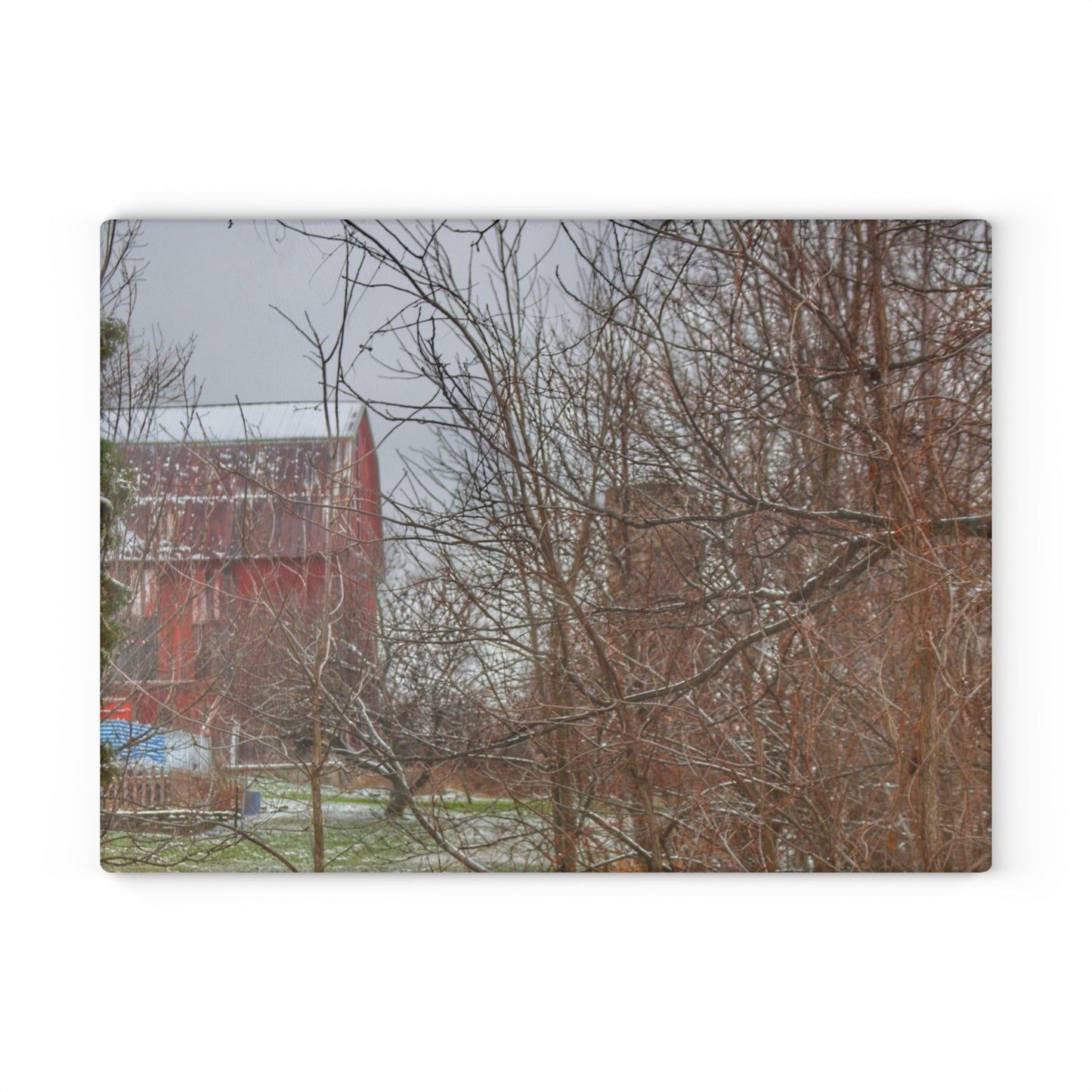 U R There Photography Hough Road Hidden Winter Red I Rustic Farmhouse Tempered-Glass Cutting Board