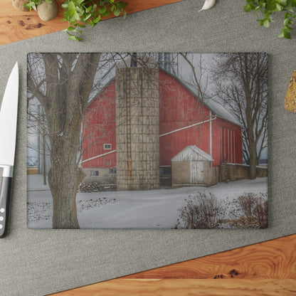 U R There Photography Frenchline Road Red in Winter Rustic Farmhouse Tempered-Glass Cutting Board