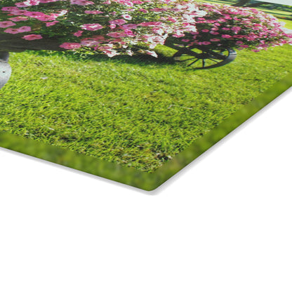 U R There Photography Wheelbarrow Full of Flowers Rustic Farmhouse Tempered-Glass Cutting Board