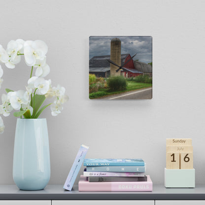 U R There Photography Lake Pleasant Road Little Red and Silo II Rustic Farmhouse Acrylic Analog Wall Clock