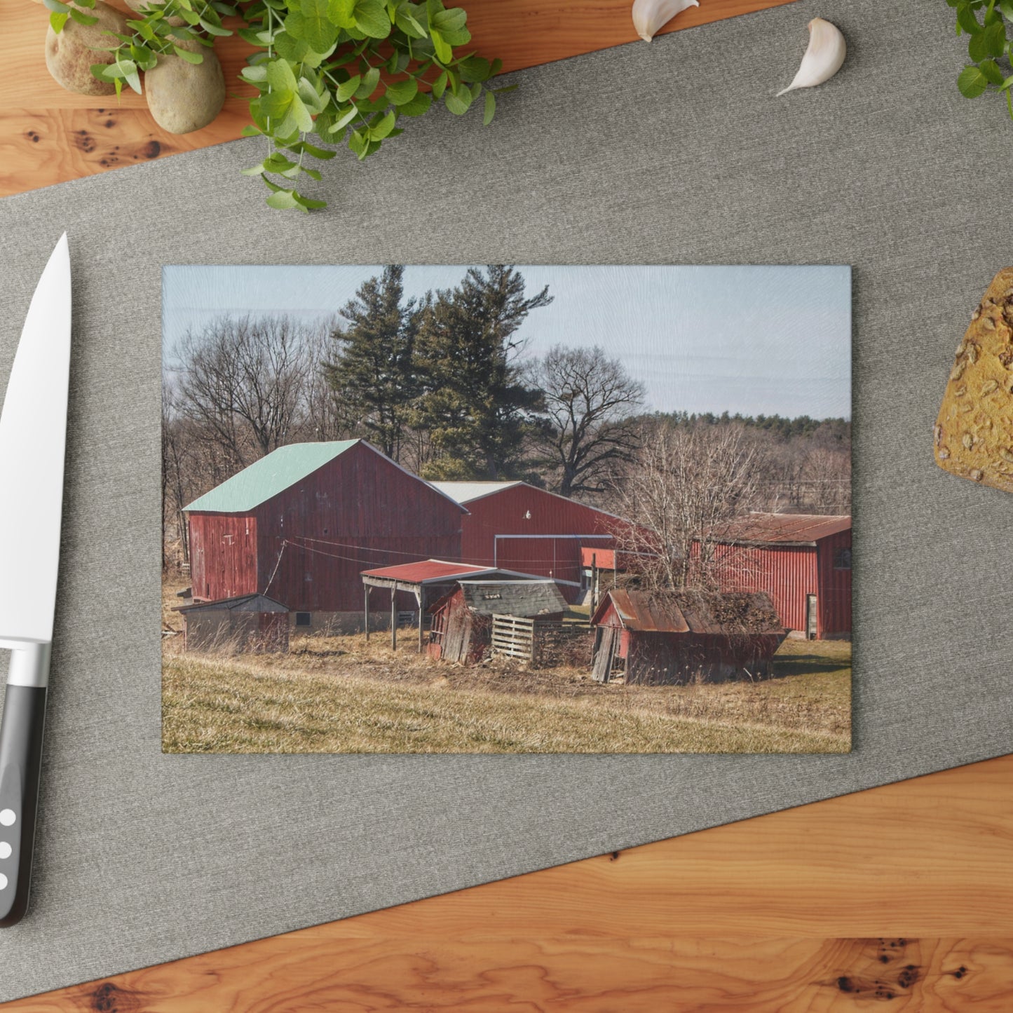 U R There Photography Bronson Lake Reds Rustic Farmhouse Tempered-Glass Cutting Board 8"x 11"