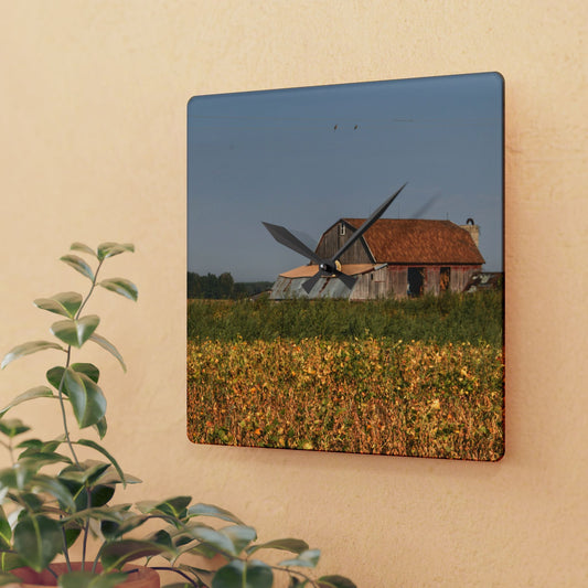 U R There Photography Slattery Road Saltbox Grey Rustic Farmhouse Acrylic Analog Wall Clock