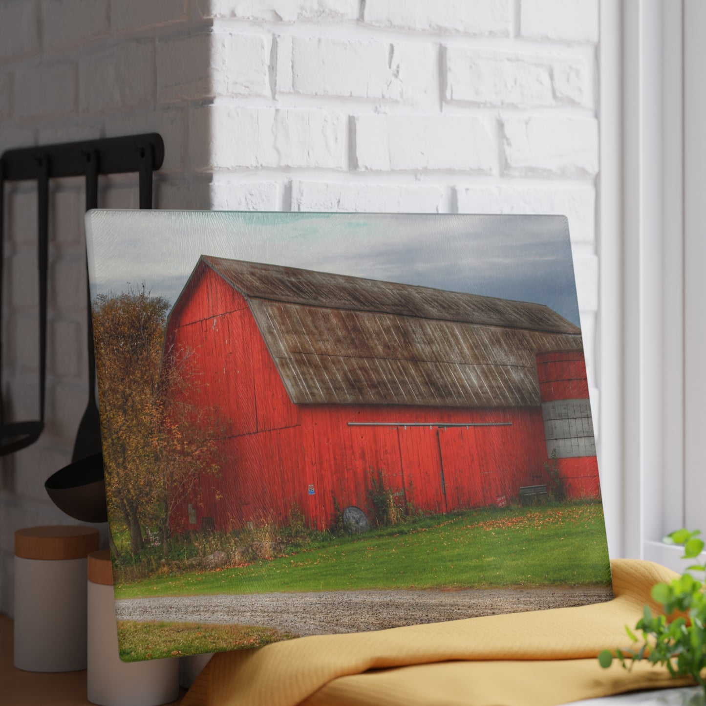 U R There Photography Oak Road Barber Barn I Rustic Farmhouse Tempered-Glass Cutting Board