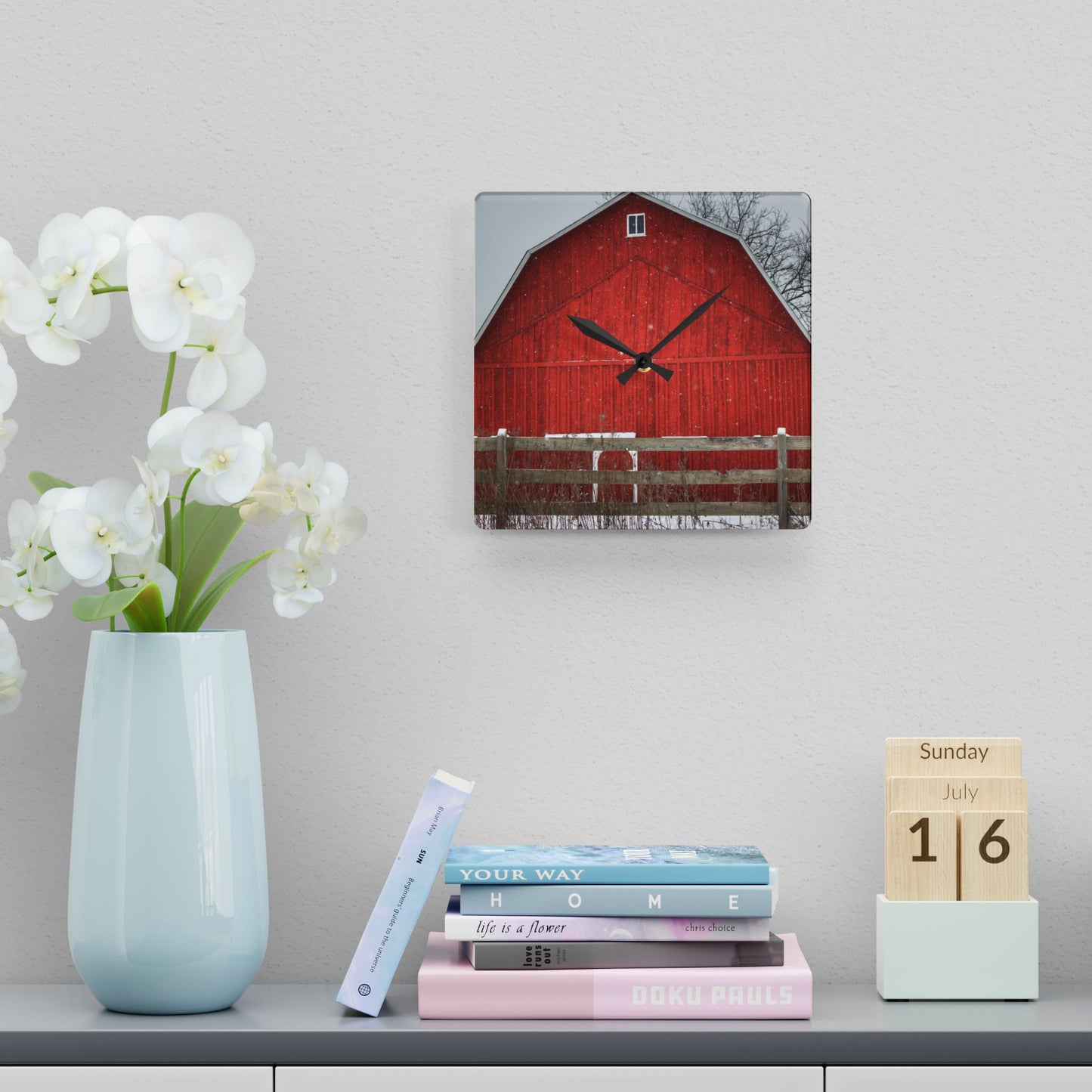 U R There Photography Big Red Beyond the Fence Rustic Farmhouse Acrylic Analog Wall Clock