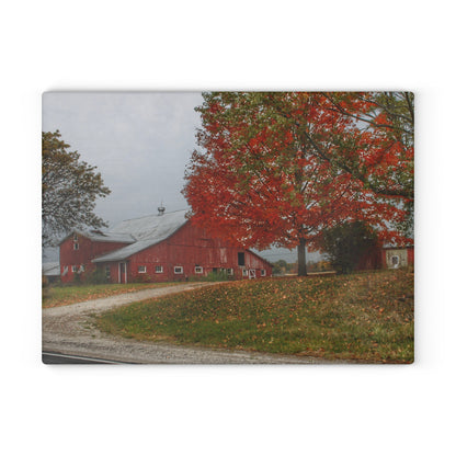 U R There Photography Goodrich Baldwin Road Reds II Rustic Farmhouse Tempered-Glass Cutting Board