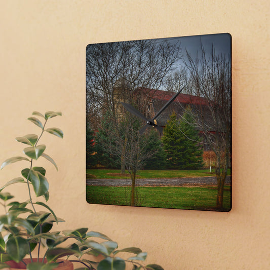 U R There Photography Rusted Red Beyond the Pines Rustic Farmhouse Acrylic Analog Wall Clock