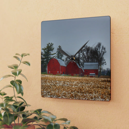 U R There Photography Shoemaker Road Winter Reds II Rustic Farmhouse Acrylic Analog Wall Clock