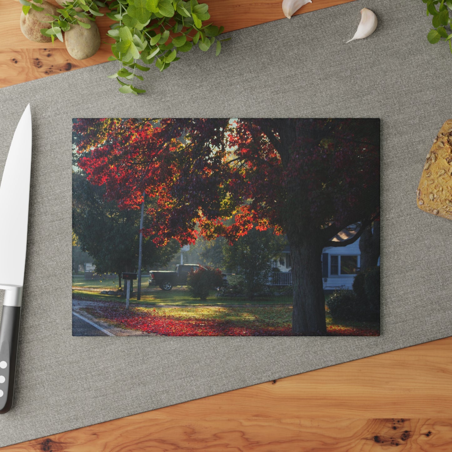 U R There Photography Red Crimson Leaves of Lum Rustic Farmhouse Tempered-Glass Cutting Board