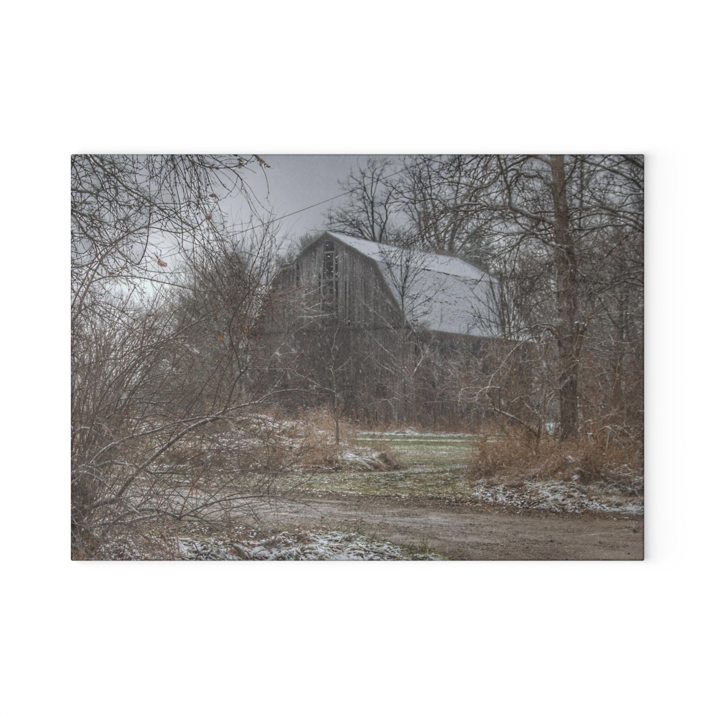 U R There Photography Bishop Road Winter Grey Rustic Farmhouse Tempered-Glass Cutting Board