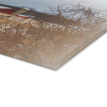 U R There Photography Brook Road Red in Winter Rustic Farmhouse Tempered-Glass Cutting Board