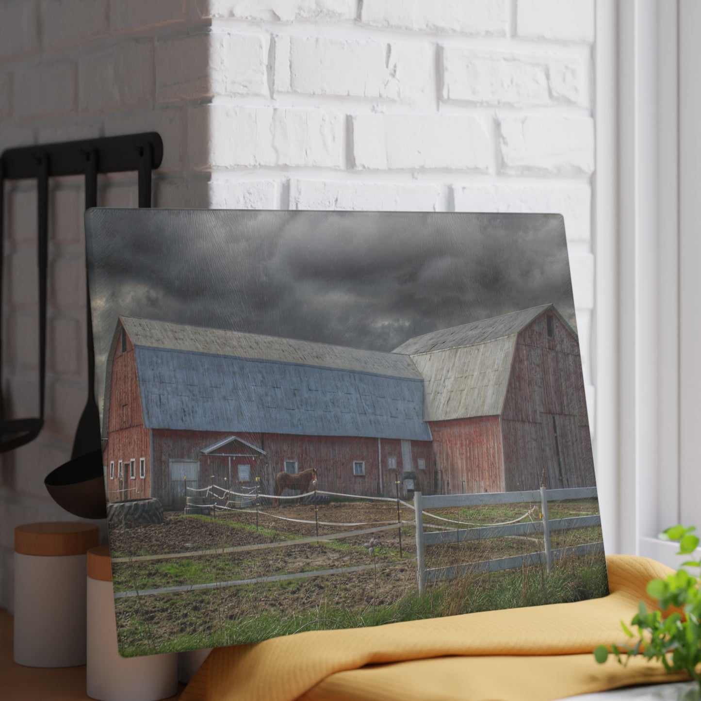 U R There Photography Sandusky Horse Barn Against Fall Skies Rustic Farmhouse Tempered-Glass Cutting Board