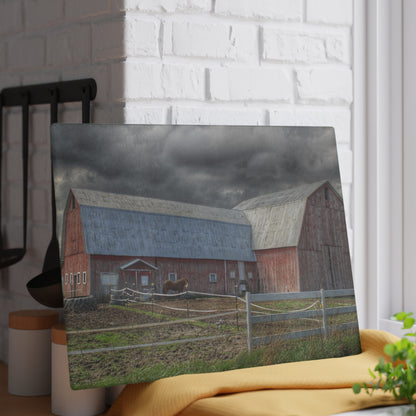 U R There Photography Sandusky Horse Barn Against Fall Skies Rustic Farmhouse Tempered-Glass Cutting Board