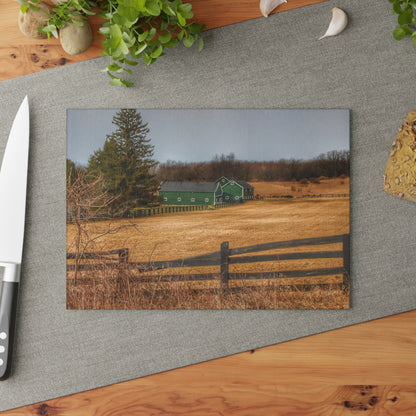 U R There Photography Green Barns and Broken Fences Rustic Farmhouse Tempered-Glass Cutting Board