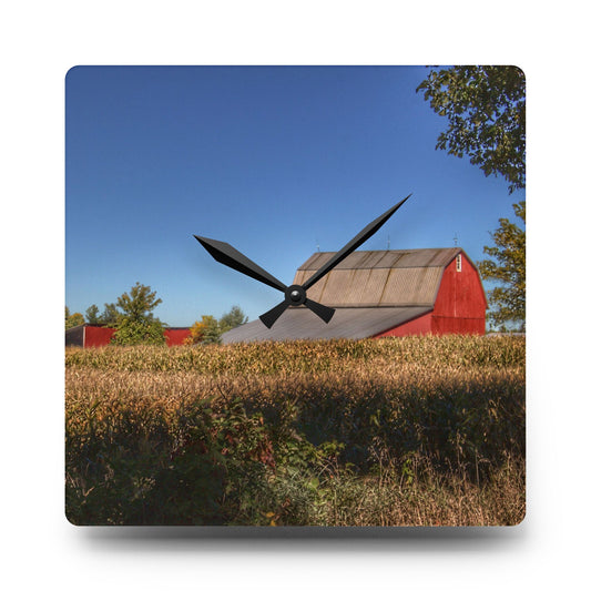 Red Saltbox Barn Rustic Farmhouse Acrylic Analog Wall Clock 10.75'' × 10.75'' (Square)