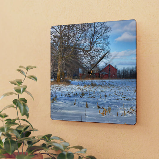 U R There Photography Across Barnes Road Frozen Cornfield Rustic Farmhouse Acrylic Analog Wall Clock