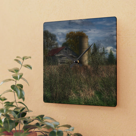 Rustic Farmhouse Wall Clock featuring Old Wooden Barn and Silo I