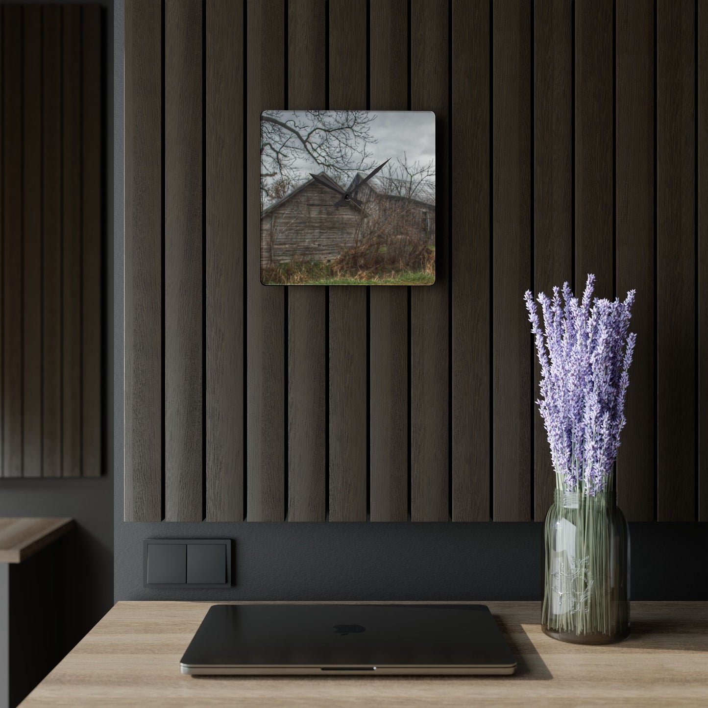 U R There Photography Bowers Road Greys II Rustic Farmhouse Acrylic Analog Wall Clock