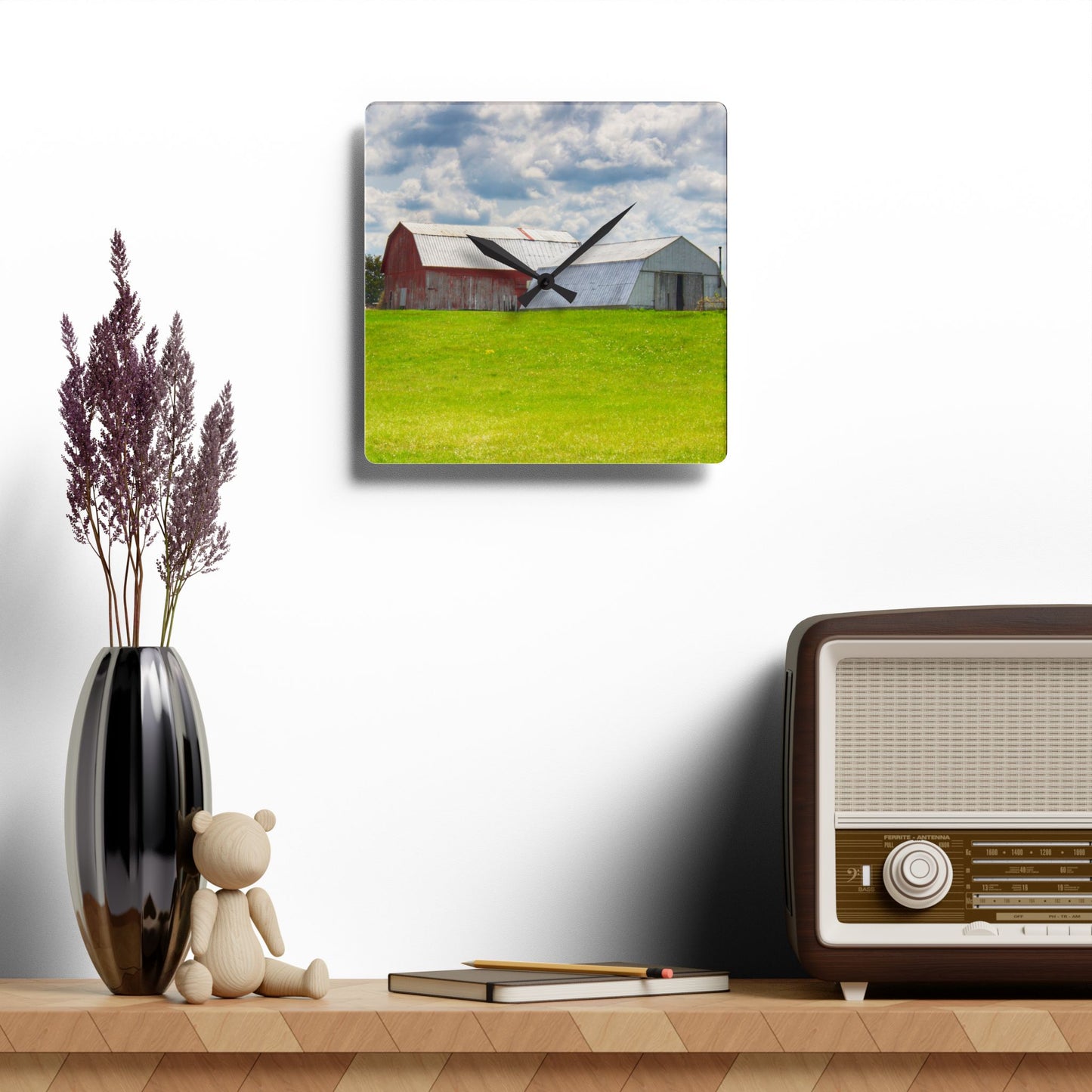 U R There Photography Henderson Hilltop Red Rustic Farmhouse Acrylic Analog Wall Clock