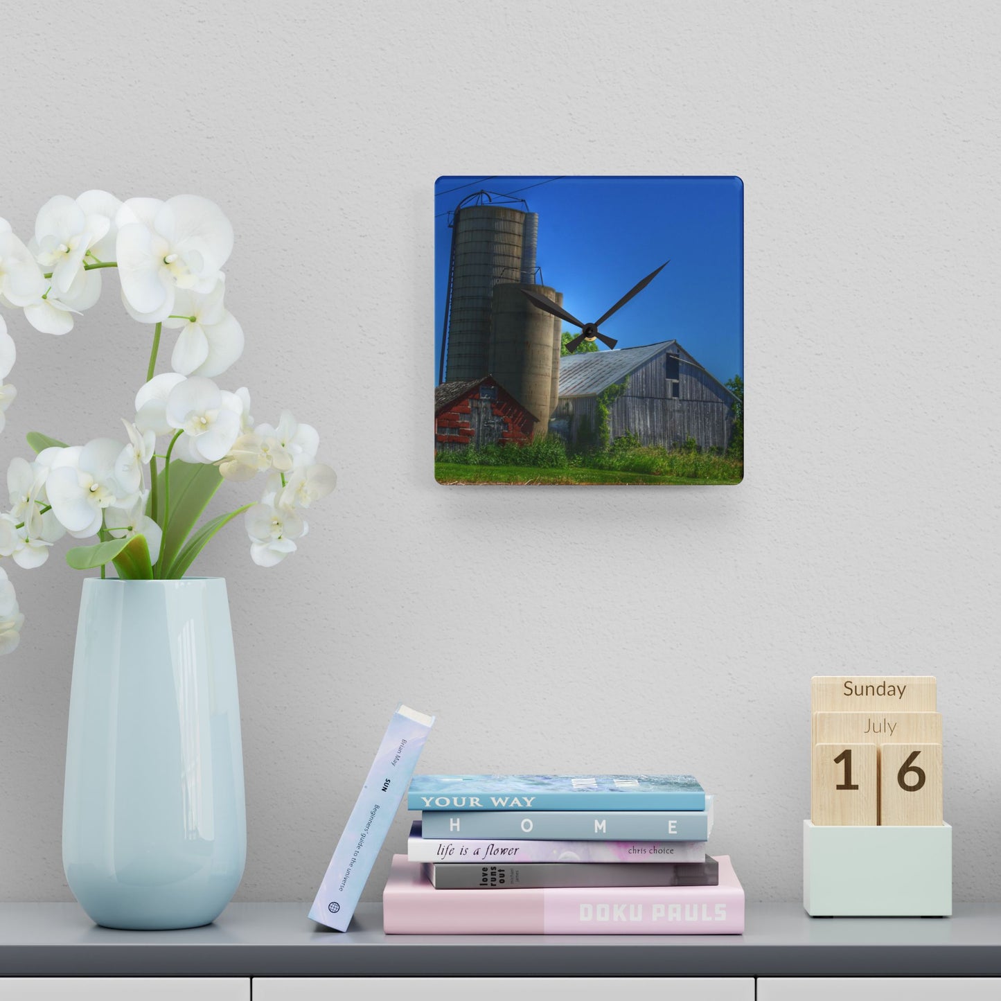 U R There Photography East Swaffer Grey and Little Red Rustic Farmhouse Acrylic Analog Wall Clock