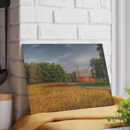 U R There Photography Red Barn on Golden Field Rustic Farmhouse Tempered-Glass Cutting Board