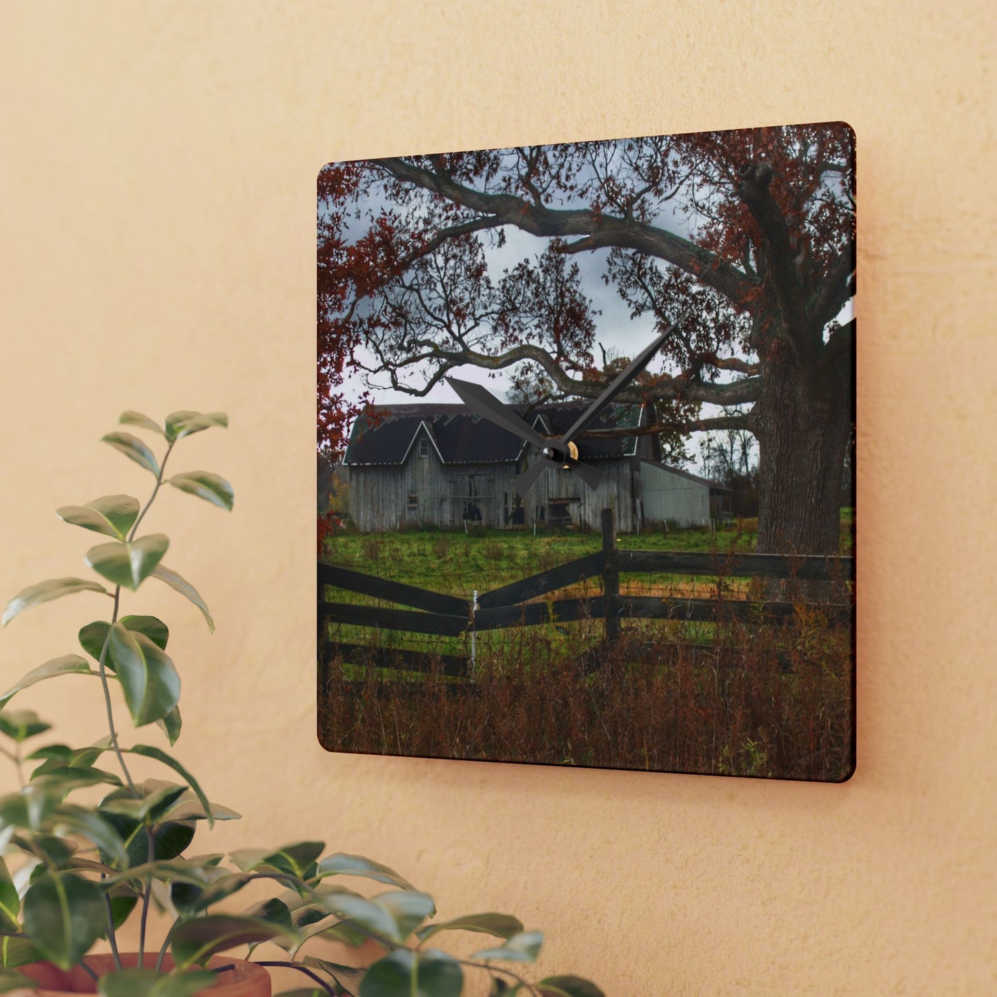 U R There Photography Green Road Grey Beyond the Oak Rustic Farmhouse Acrylic Analog Wall Clock