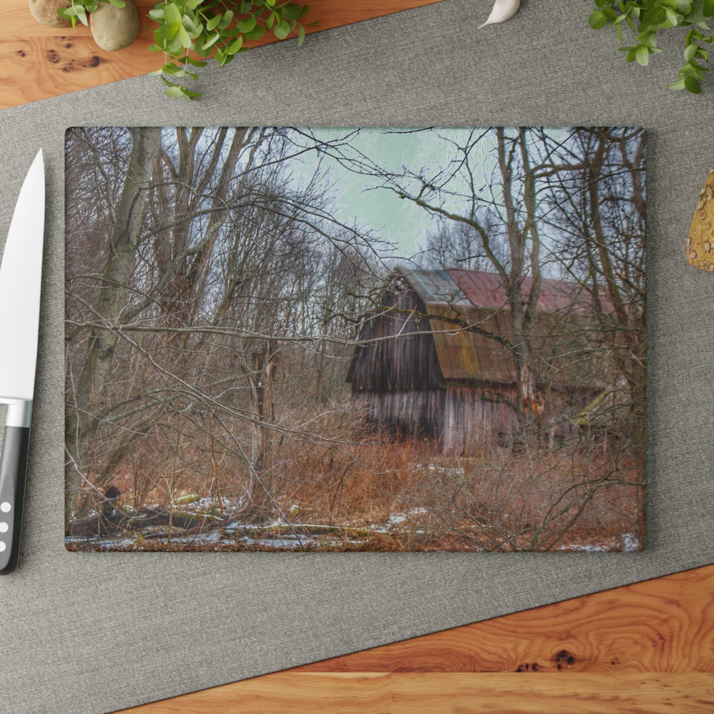 U R There Photography West Barnes Lake Hidden Red Rustic Farmhouse Tempered-Glass Cutting Board