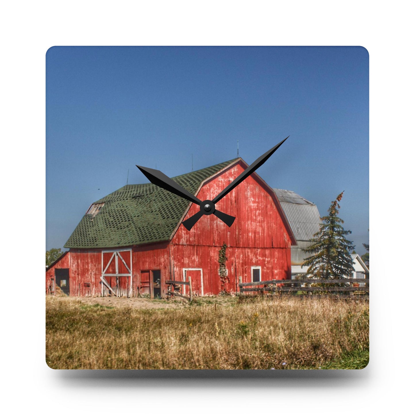 U R There Photography Elmwood Road Red III Rustic Farmhouse Acrylic Analog Wall Clock