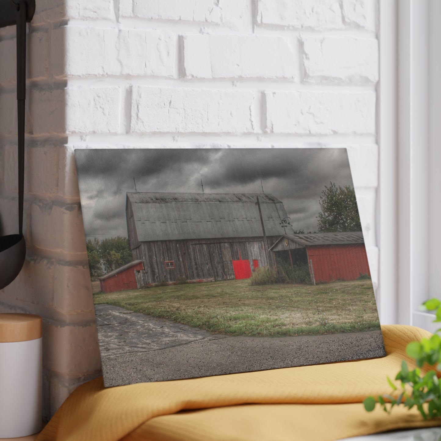 U R There Photography Wadsworth Road Grey Saltbox Rustic Farmhouse Tempered-Glass Cutting Board
