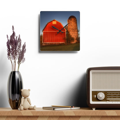 U R There Photography Klam Road Red Meets Foggy Sunrise I Rustic Farmhouse Acrylic Analog Wall Clock