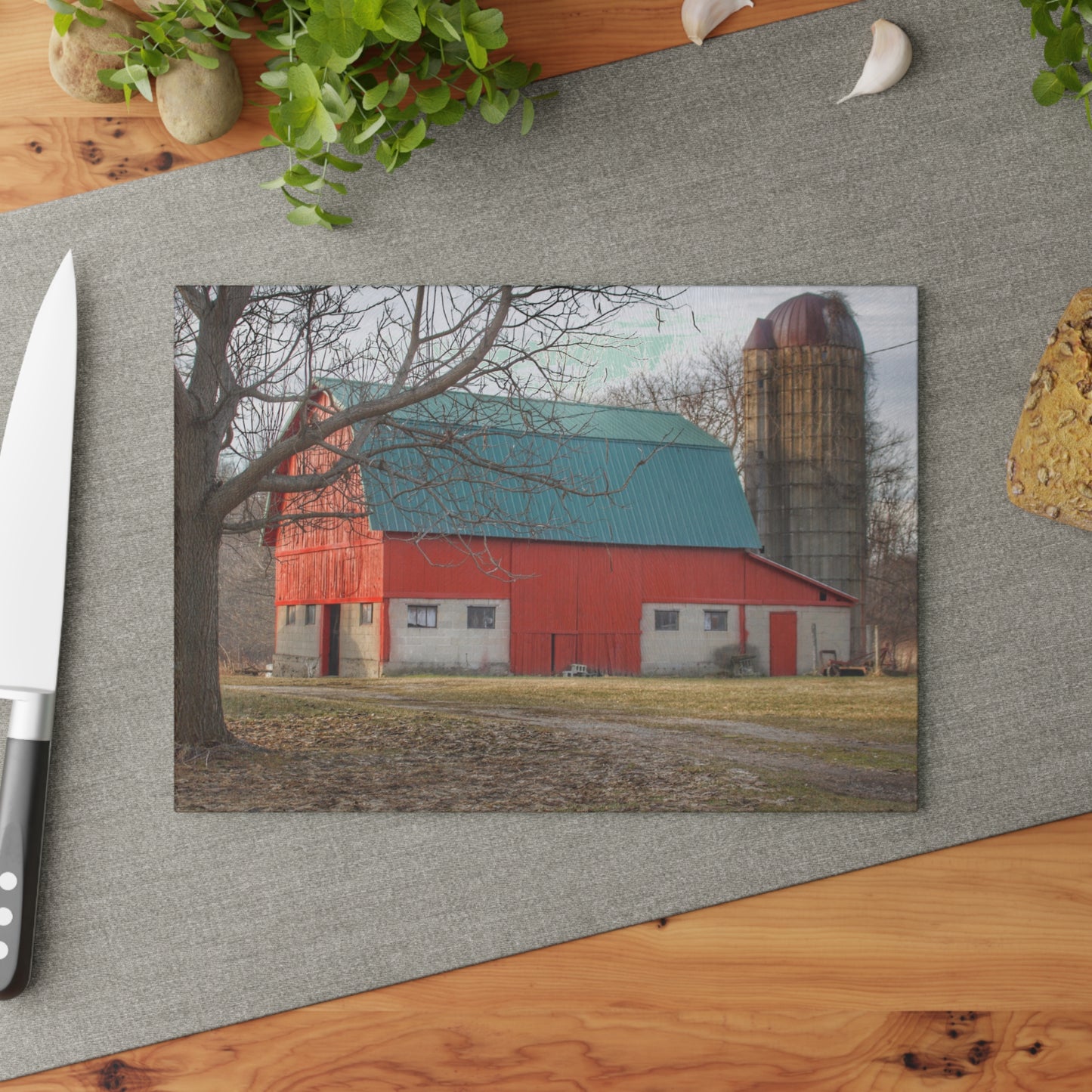 U R There Photography Wilson Road Red and Silo I Rustic Farmhouse Tempered-Glass Cutting Board