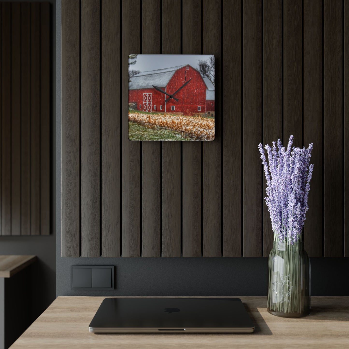 U R There Photography Shoemaker Road Winter Reds I Rustic Farmhouse Acrylic Analog Wall Clock