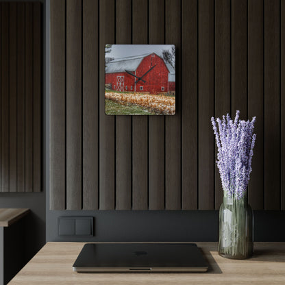 U R There Photography Shoemaker Road Winter Reds I Rustic Farmhouse Acrylic Analog Wall Clock