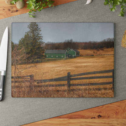 U R There Photography Green Barns and Broken Fences Rustic Farmhouse Tempered-Glass Cutting Board