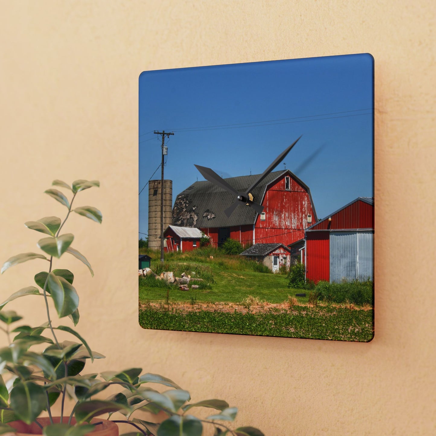 U R There Photography Greenwood Road Red I Rustic Farmhouse Acrylic Analog Wall Clock